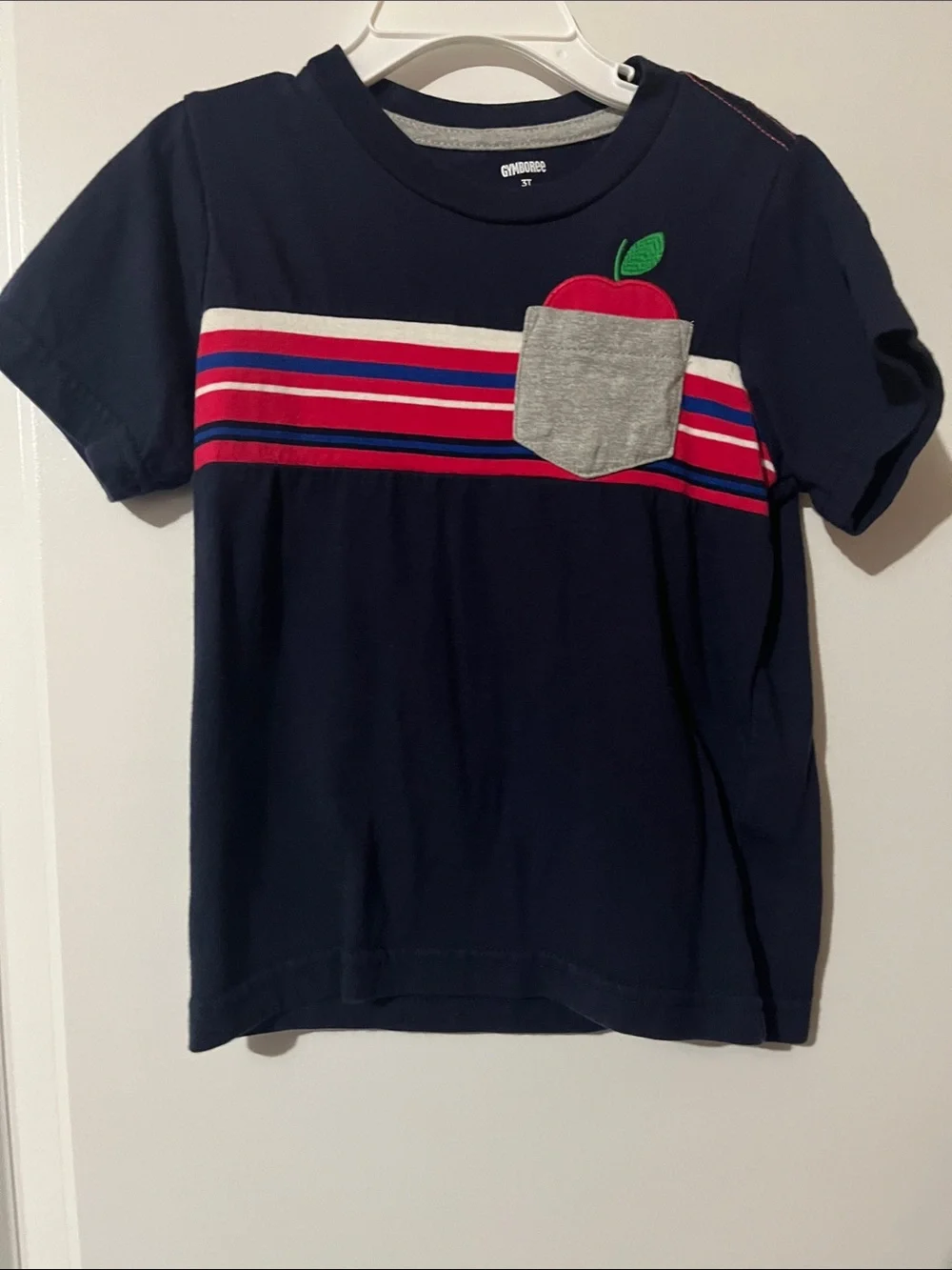 Gymboree Navy Short-Sleeve Tee with Red Apple Pocket and Stripes